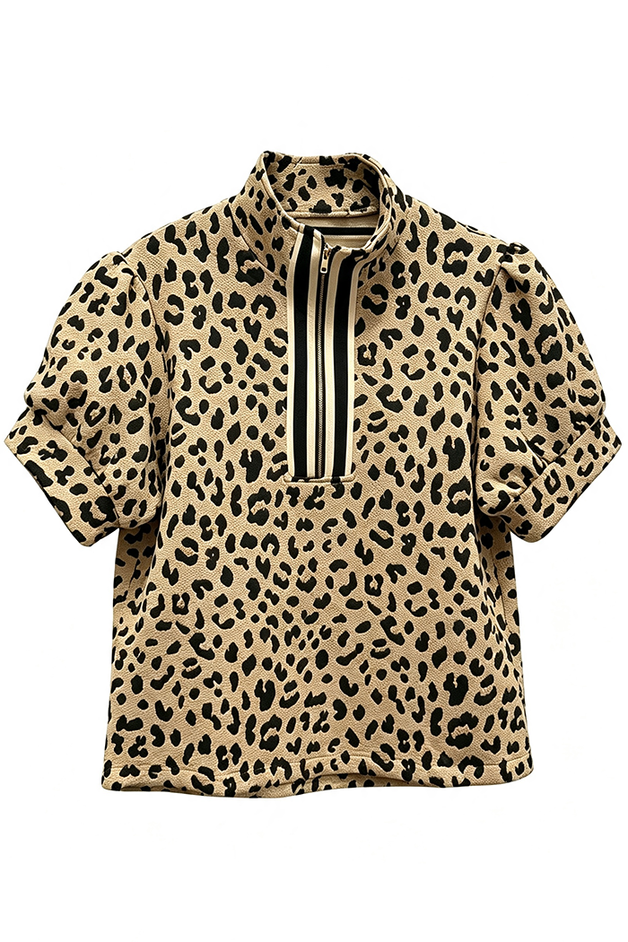 Stand Collar Half Zip Puff Short Sleeve Leopard Print Top