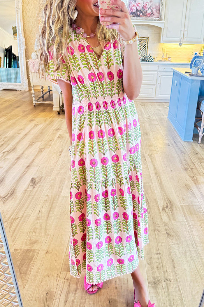 Floral Print Lace Trim Midi Dress