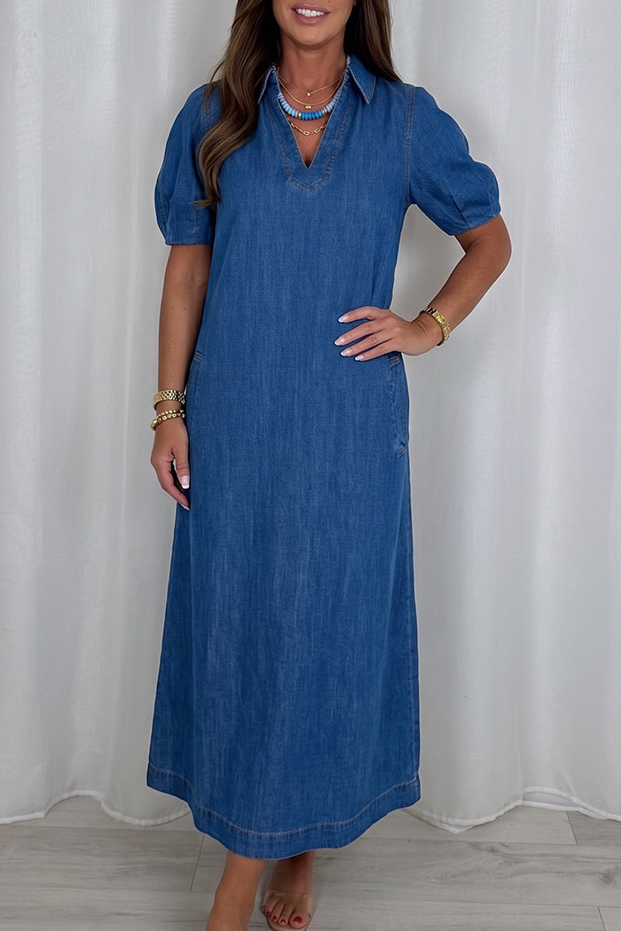Denim Puff Sleeve Maxi Dress
