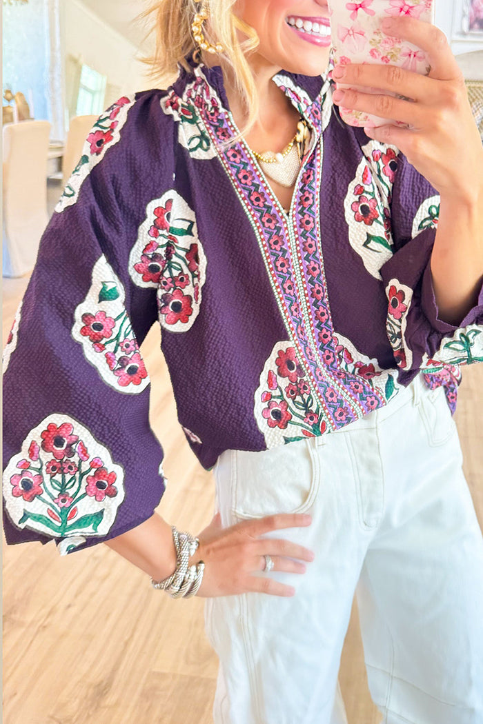 Boho Floral Flowy 3/4 Sleeve Top