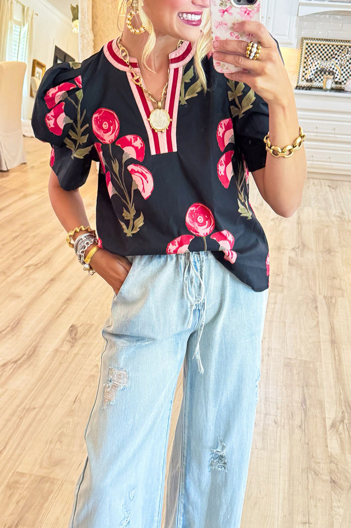Floral Contrast Collar Puff Sleeve Top