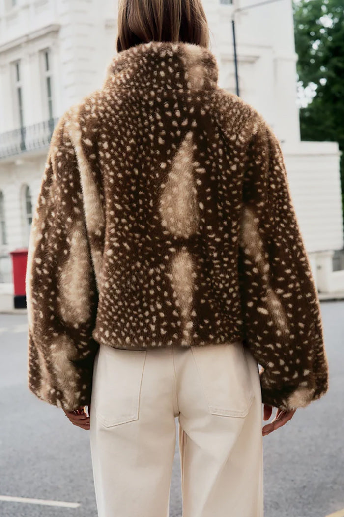 Deer Print Faux Fur Jacket