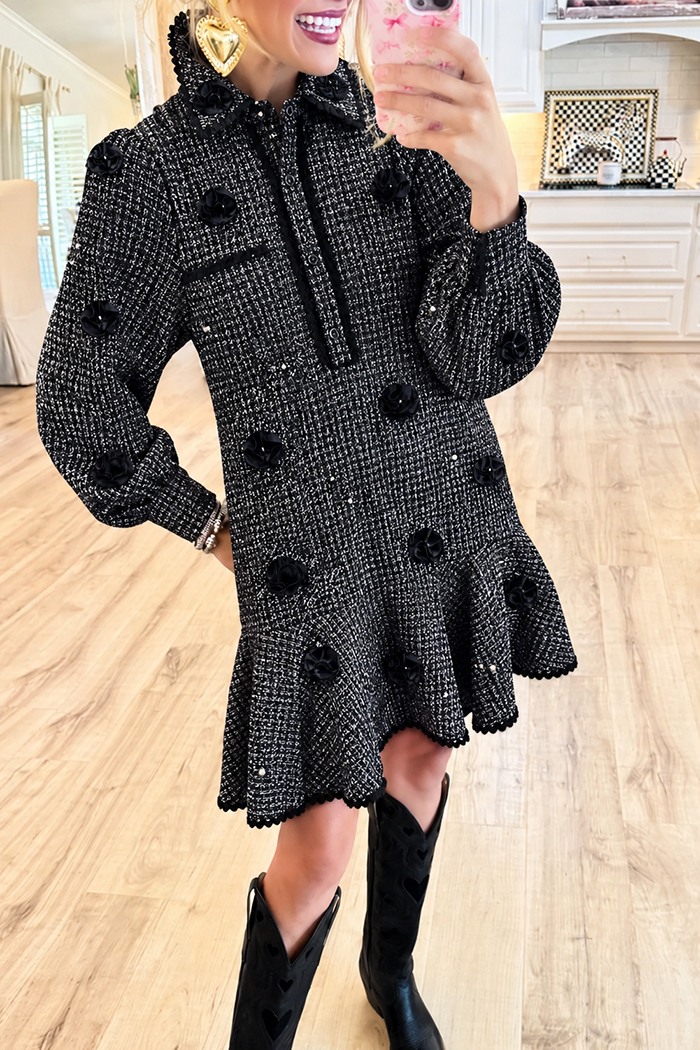 Textured Flower Balloon Sleeve Ruffle Hem Dress