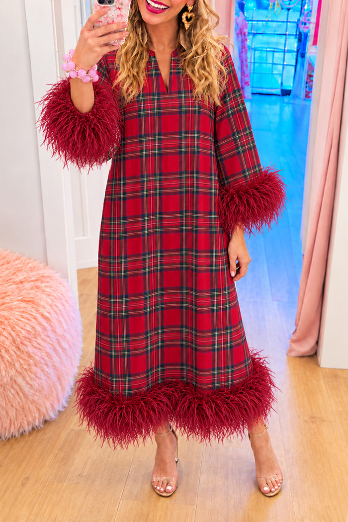 Red Plaid Feather Trim Maxi Dress