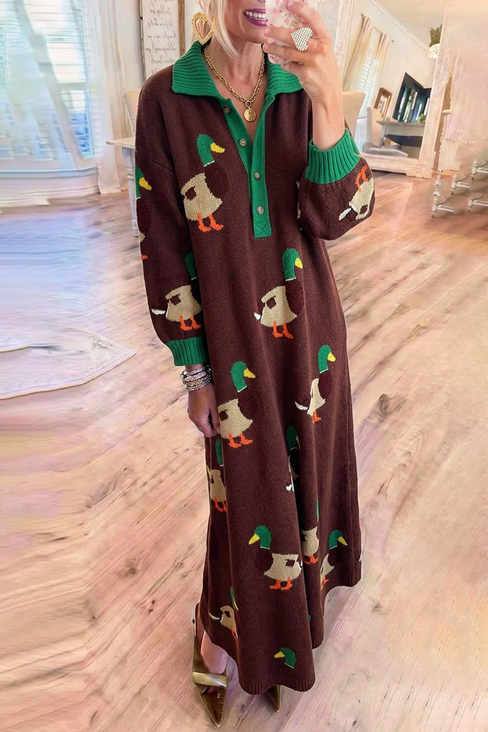 Collared Duck Jacquard Knit Pocket Maxi Dress