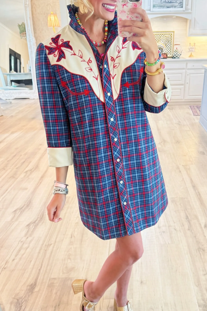Plaid Western Ruffle Collar Button Pocket Dress