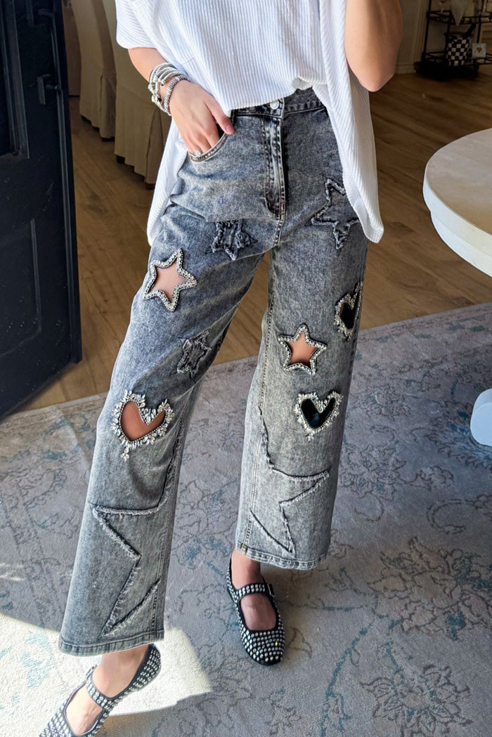 Rhinestone Cutout High Waisted Jeans