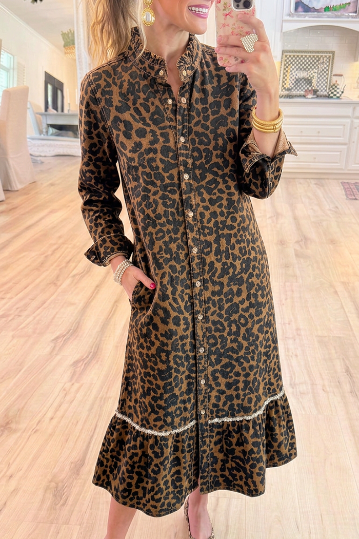 Denim Leopard Ruffle Collar Rhinestone Hem Maxi Dress