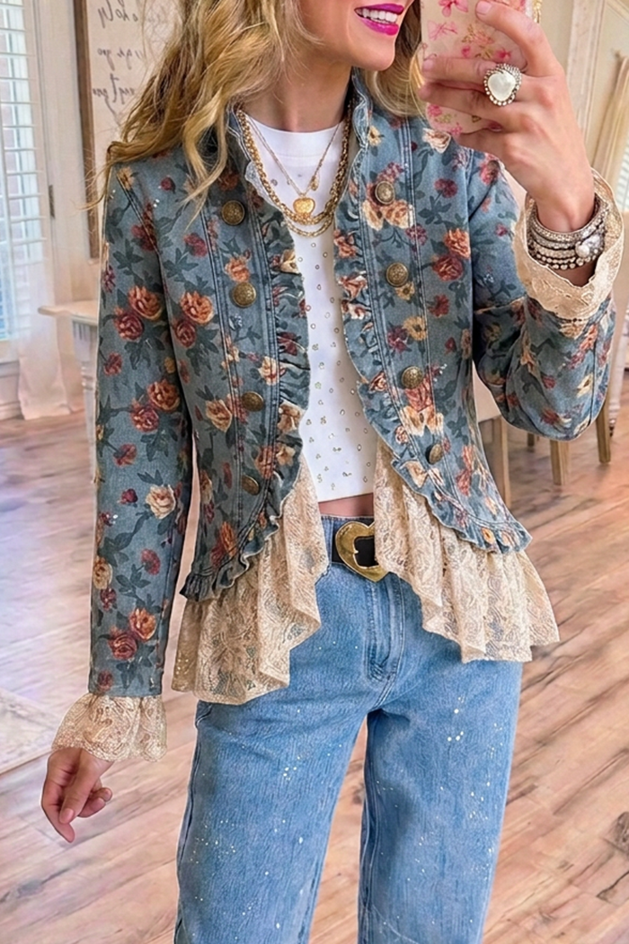 Vintage Floral Lace Ruffle Hem Cropped Denim Jacket
