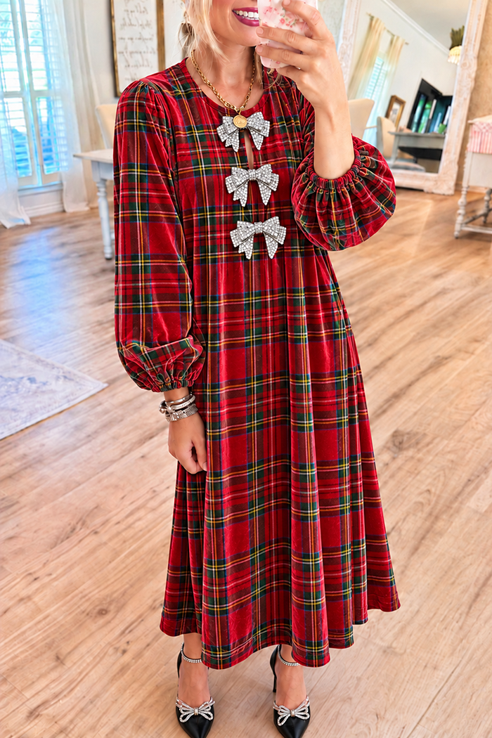 Christmas Plaid Rhinestone bow Velvet Maxi Dress