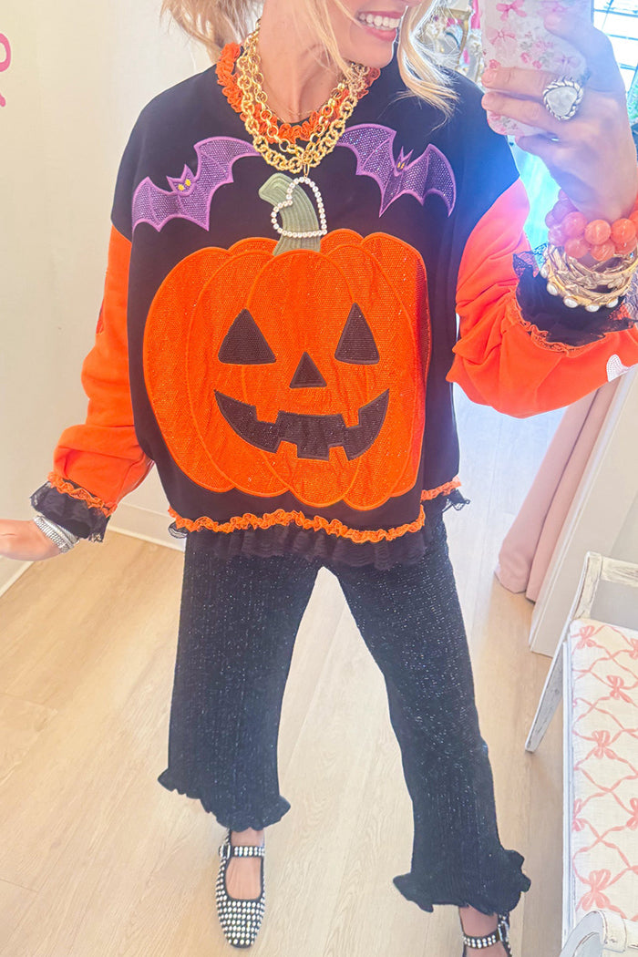 Halloween Pumpkin Lace Trim Sequin Bead Long Sleeve Sweatshirt