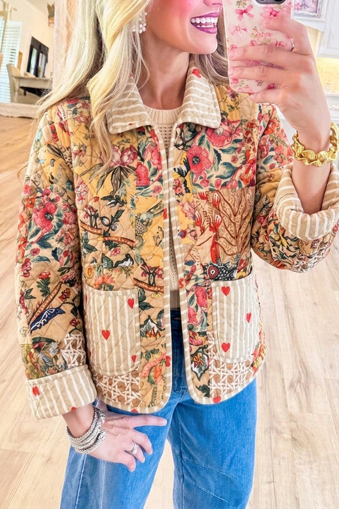 Multi Tan Patchwork Floral Pocket Quilted Jacket