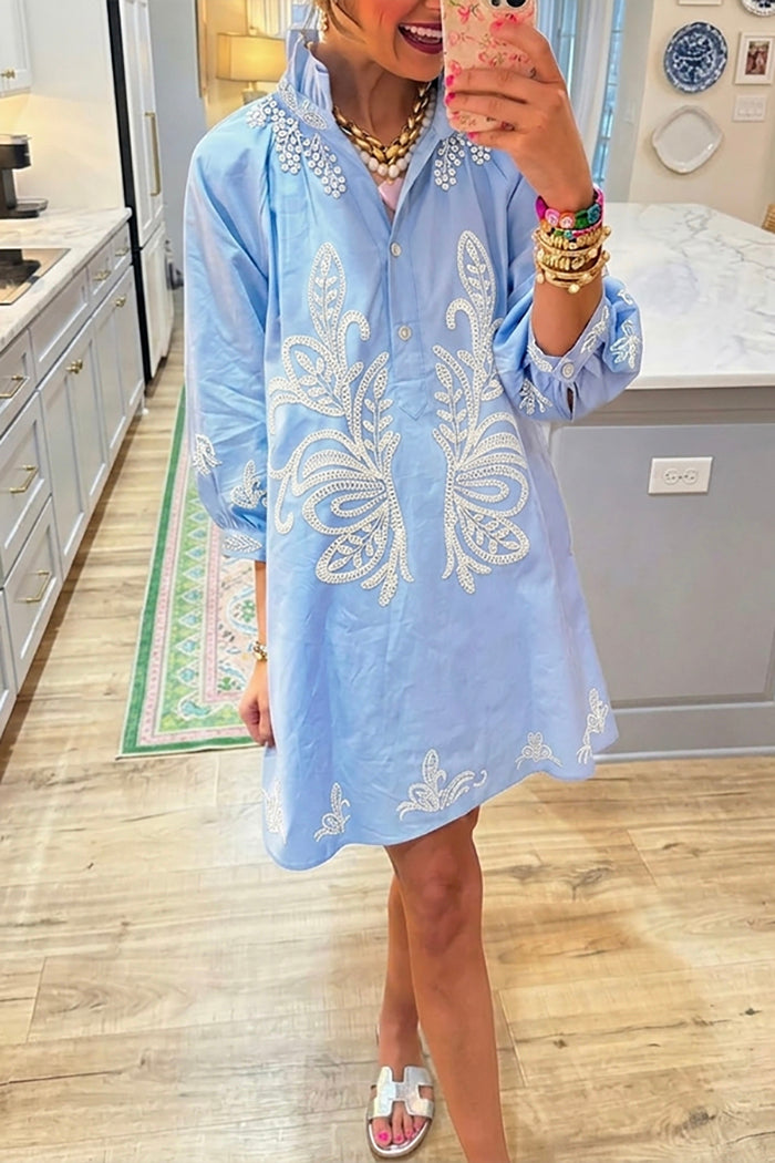 Ruffle Collar Symmetric Floral Lantern Sleeve Shirt Dress