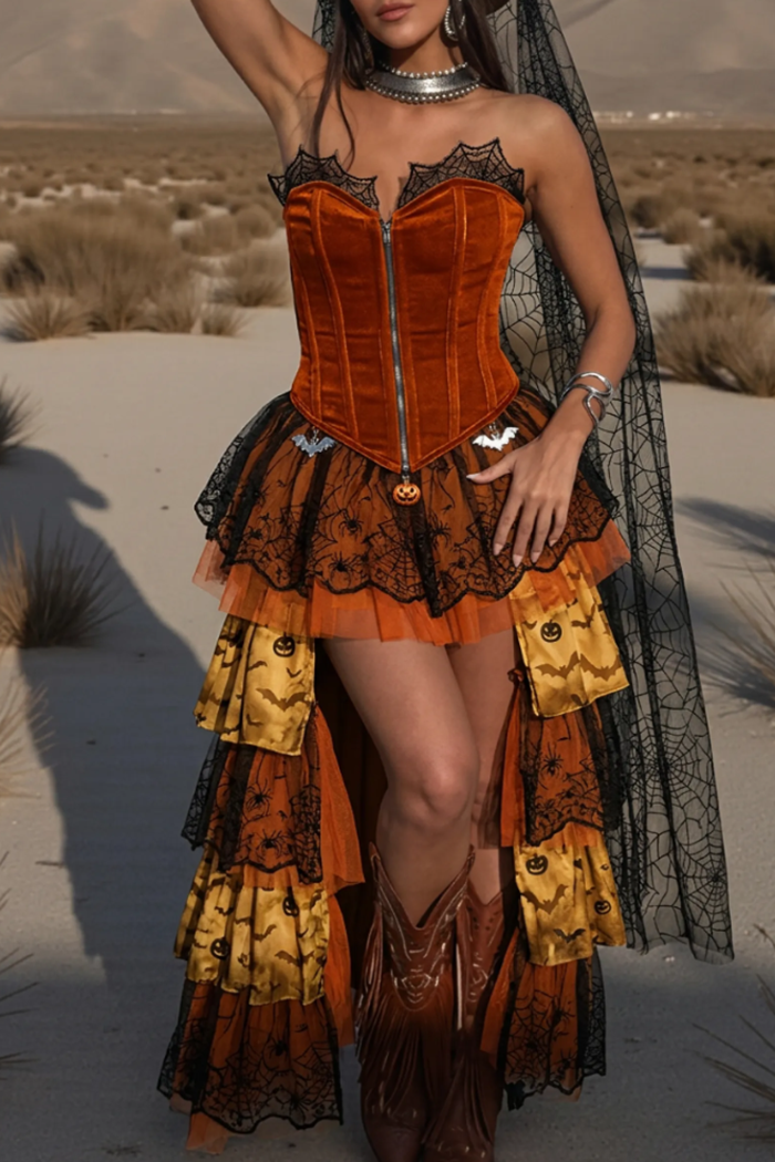 Halloween Lace Trim Strapless Layered Corset Dress
