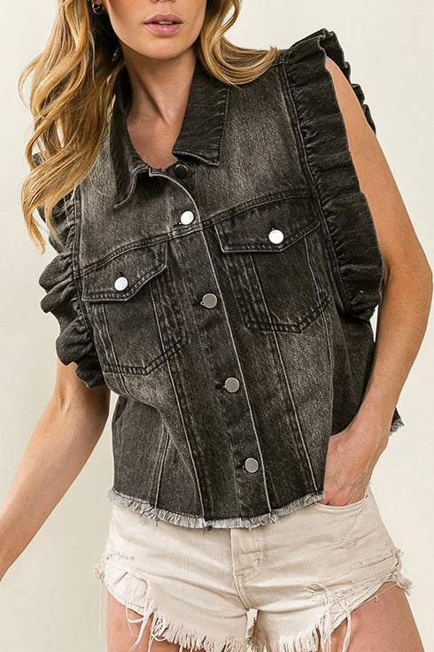 Leopard Print Ruffle Sleeveless Jacket