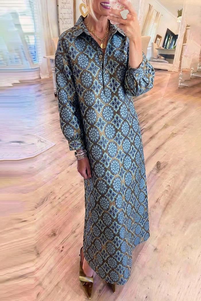 Geometric Jacquard Shirt Collar Long Sleeves Chest Pockets Maxi Dress