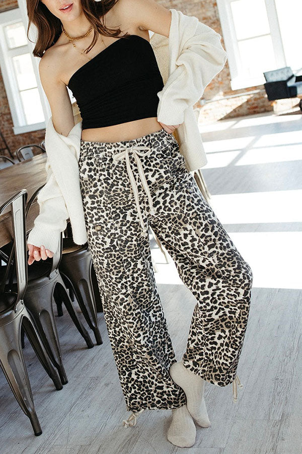 Leopard Drawstring Wide Leg Pants