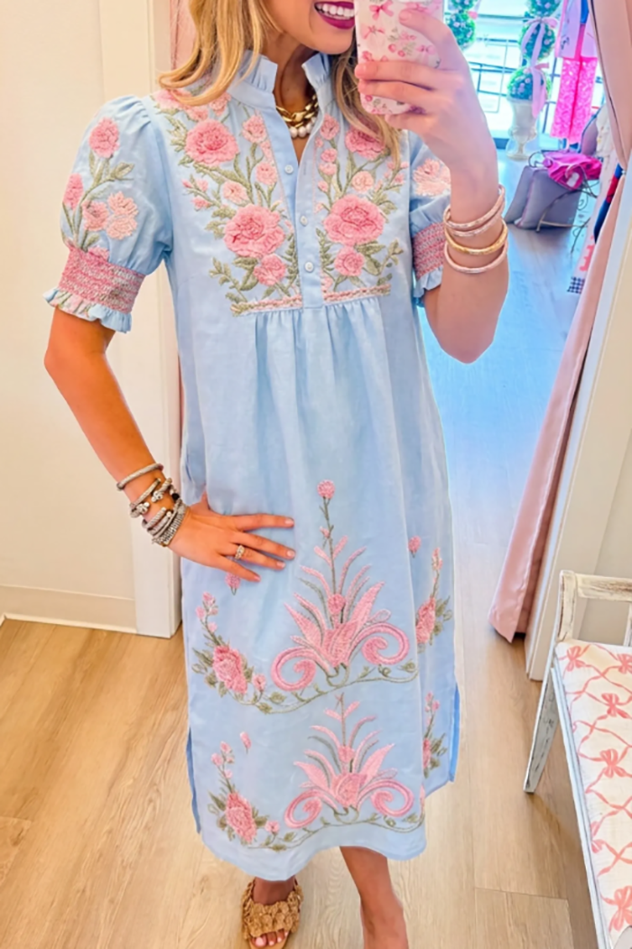 Casual Puff Sleeve Embroidered Dress
