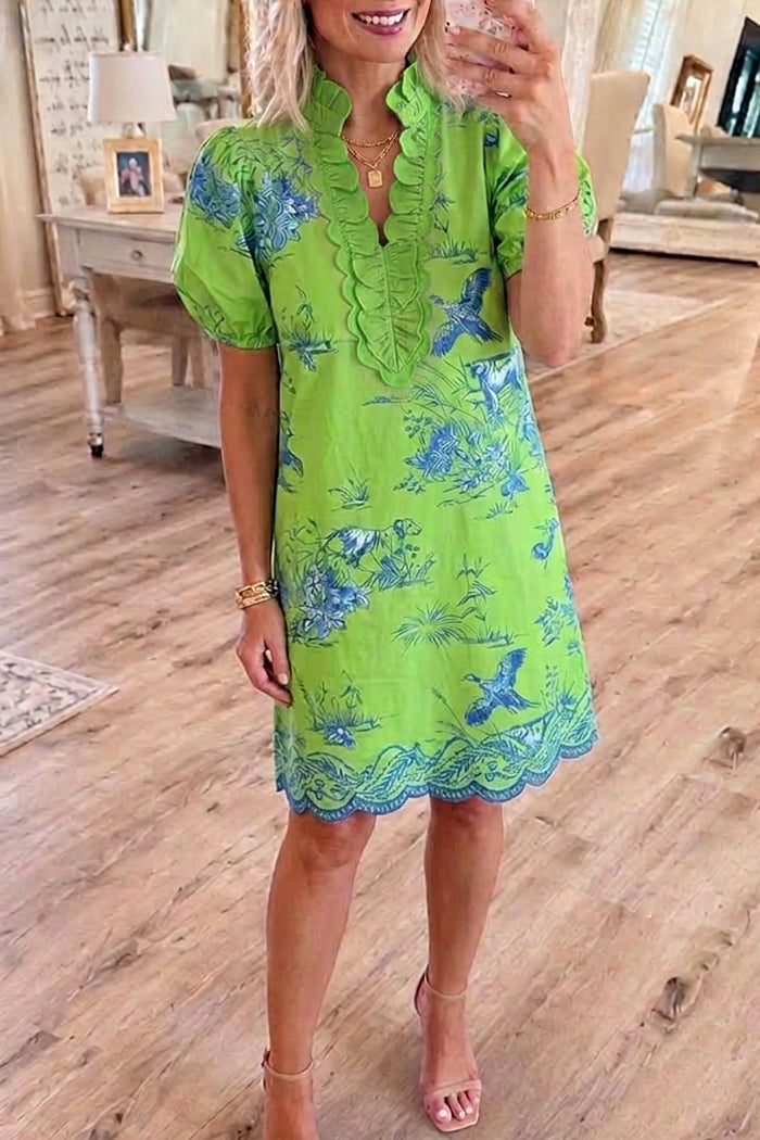 Ruffle Neck Scallop Hem Print Dress