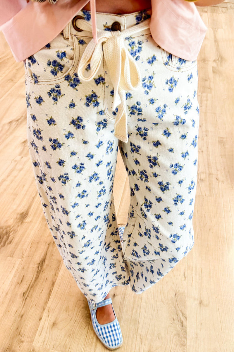 Cream and Blue Floral Printed Jeans