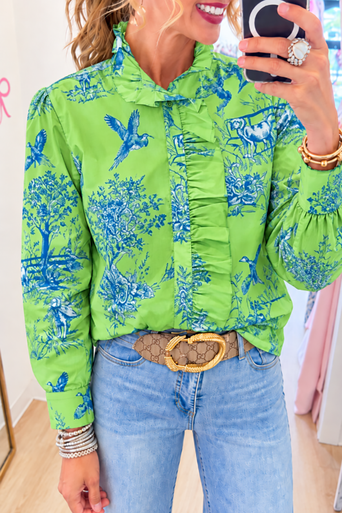Green Bird Scene Ruffle Collar Top