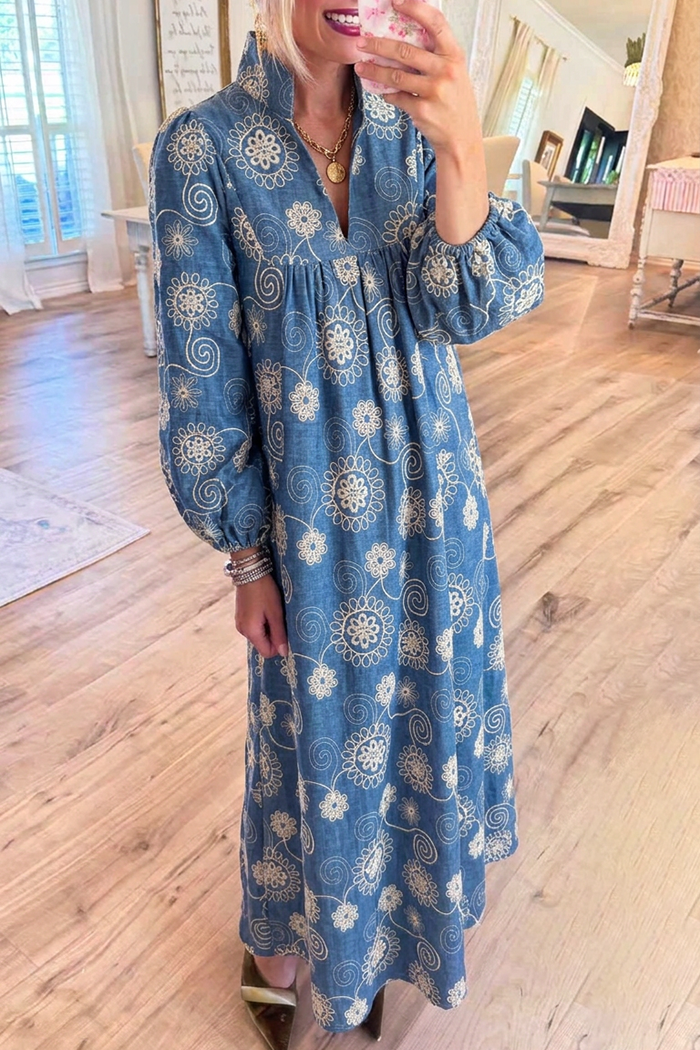 Blue Denim Floral Embroidery Pockets Maxi Dress