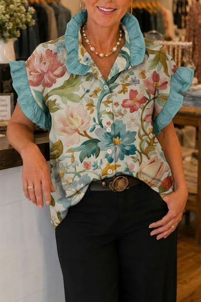 Vibrant Floral Ruffled Collar Button Front Top