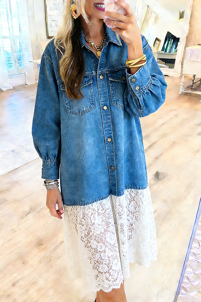 Lace Panel Flap Pocket Denim Dress