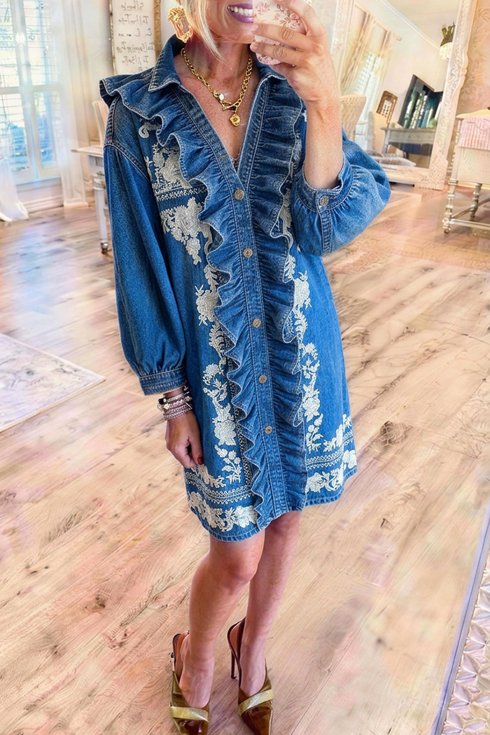 Denim Ruffle Placket Balloon Sleeve Floral Embroidered Shirt Dress