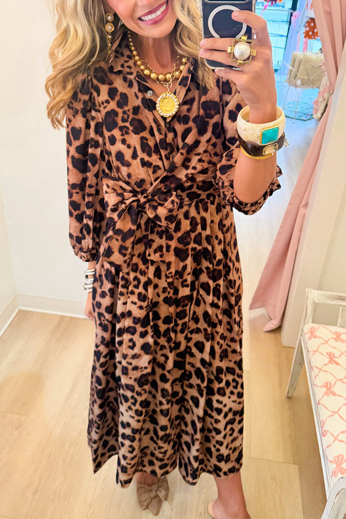 Leopard Balloon Sleeve Pockets Maxi Dress