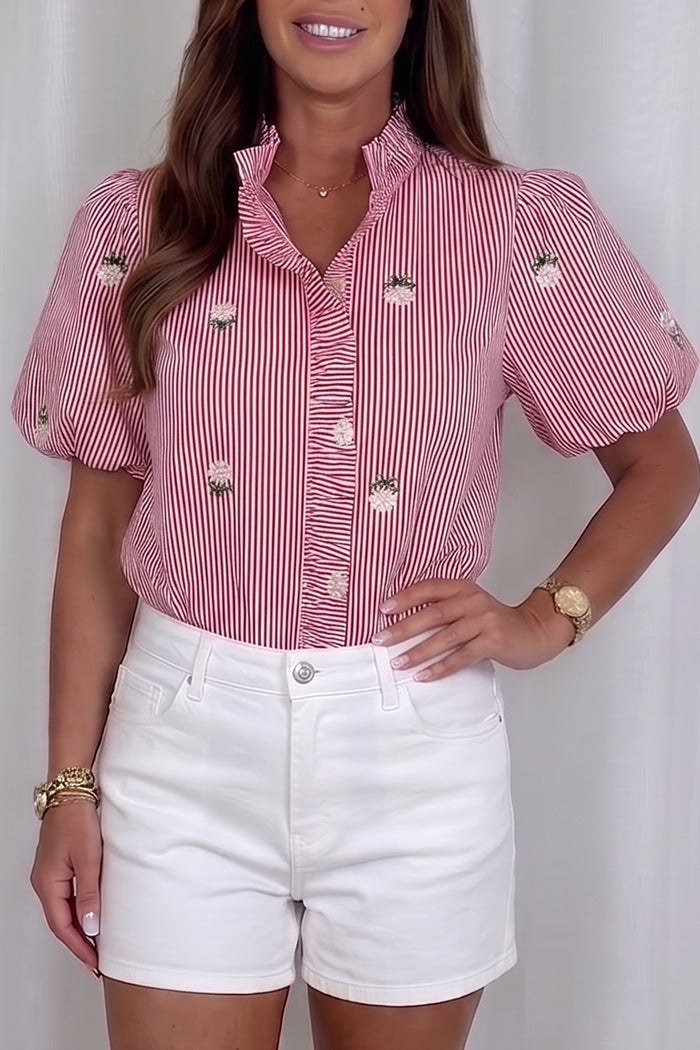 Striped Ruffle Trim Puff Sleeves Top