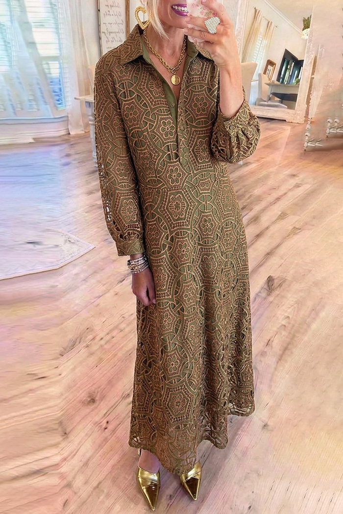 Olive Lace Collared Long Sleeves Pockets Maxi Dress