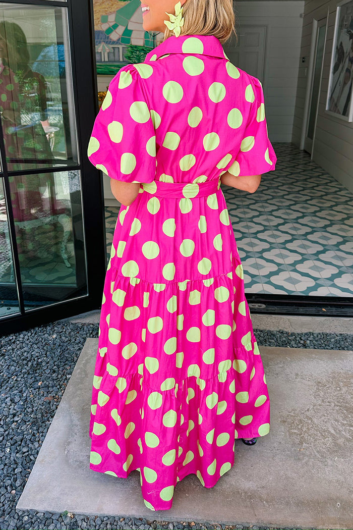 Hot Pink Puff Sleeve Polka Dot Midi Dress