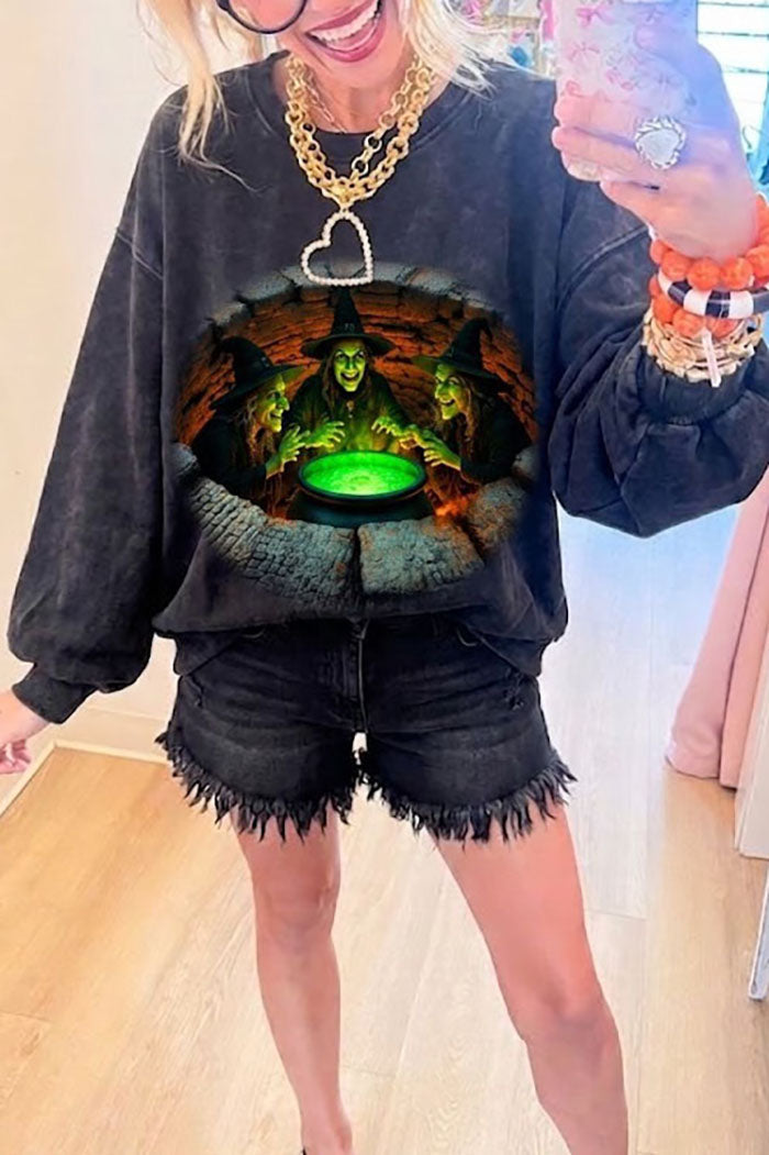 Halloween Witch Graphic Long Sleeve Washed Sweatshirt