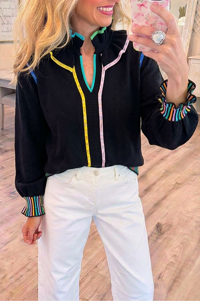 Black Ruffle Collar Colorful Piping Knit Top