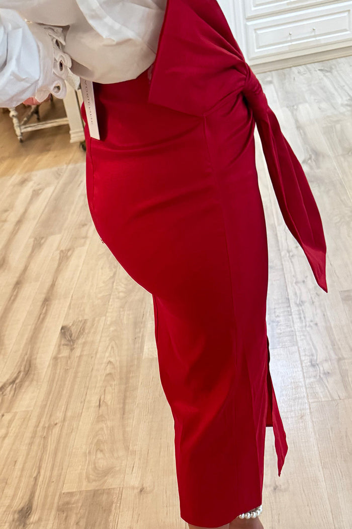 Red Bow Detailed Stretchy Midi Skirt