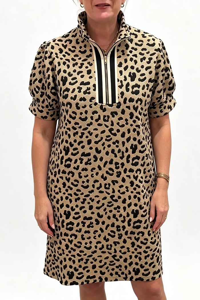 Stand Collar Half Zip Puff Short Sleeve Leopard Print Dress