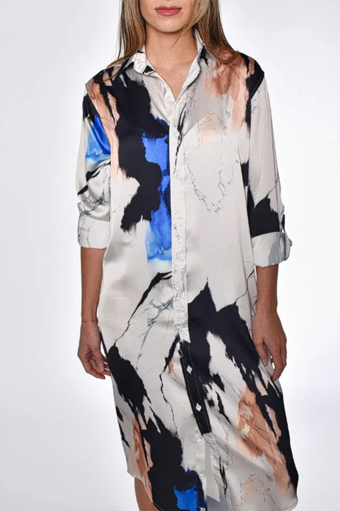 Abstract Print Shirt Collar Midi Dress