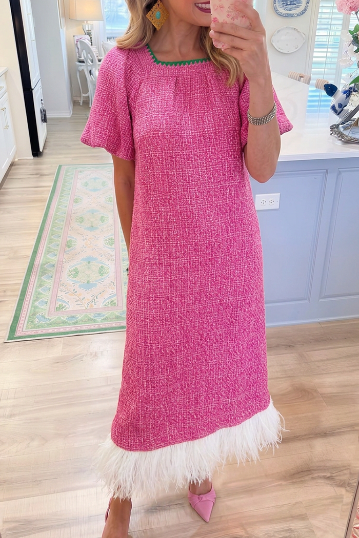 Tweed Contrast Trim Short Sleeve Pocket Feather Hem Dress