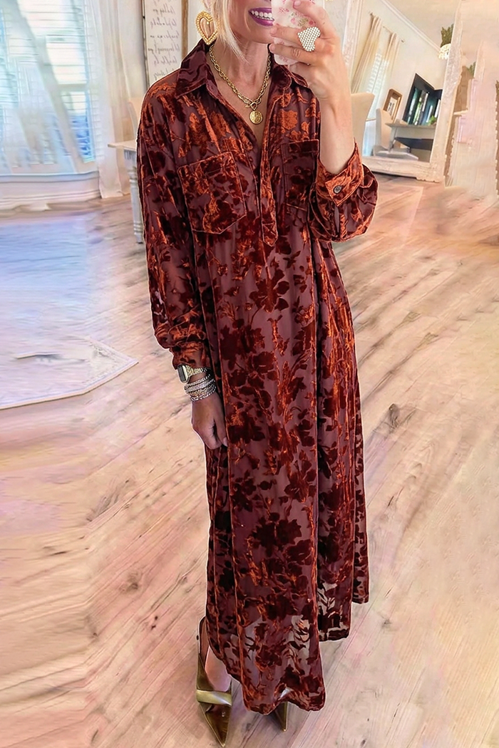 Rust Floral Velvet Pockets Maxi Dress