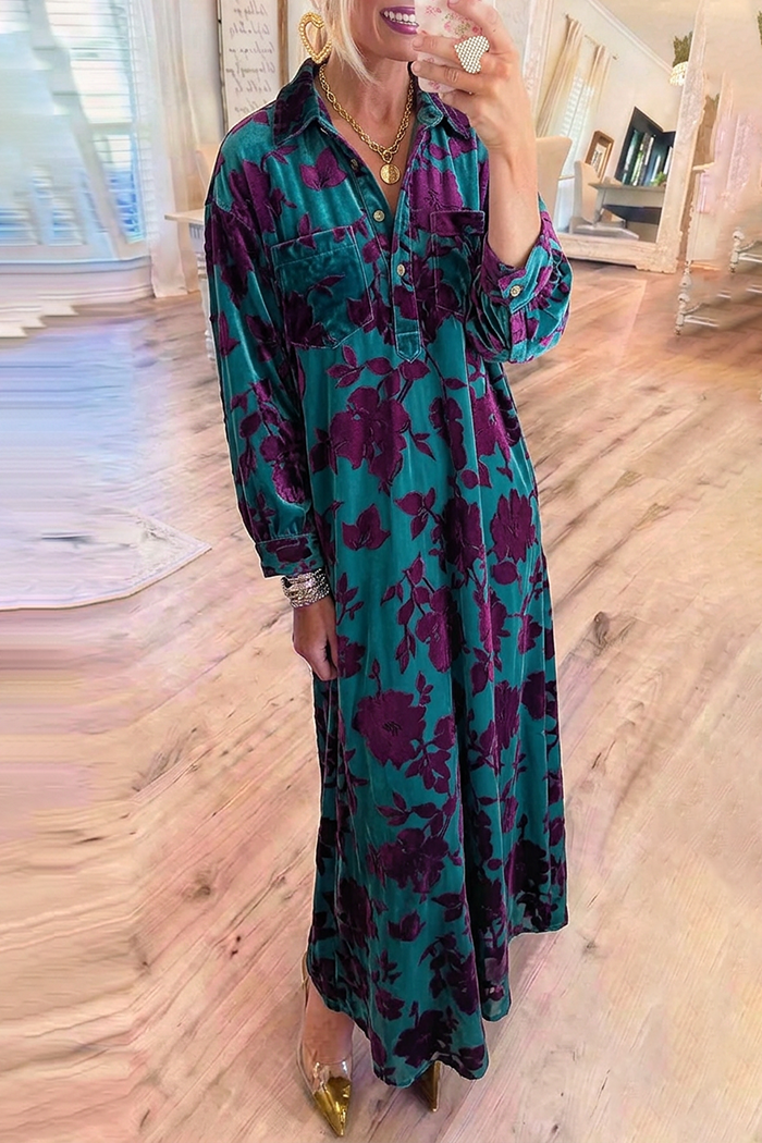 Velvet Floral Long Sleeve Pockets Maxi Dress