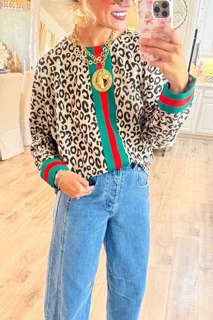 Leopard Accent Contrast Trim Top