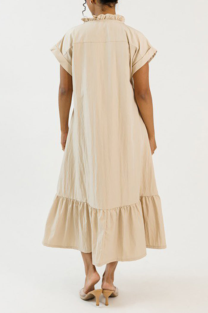 Cuffed Sleeve Ruffle Hem Pocket Midi Dress