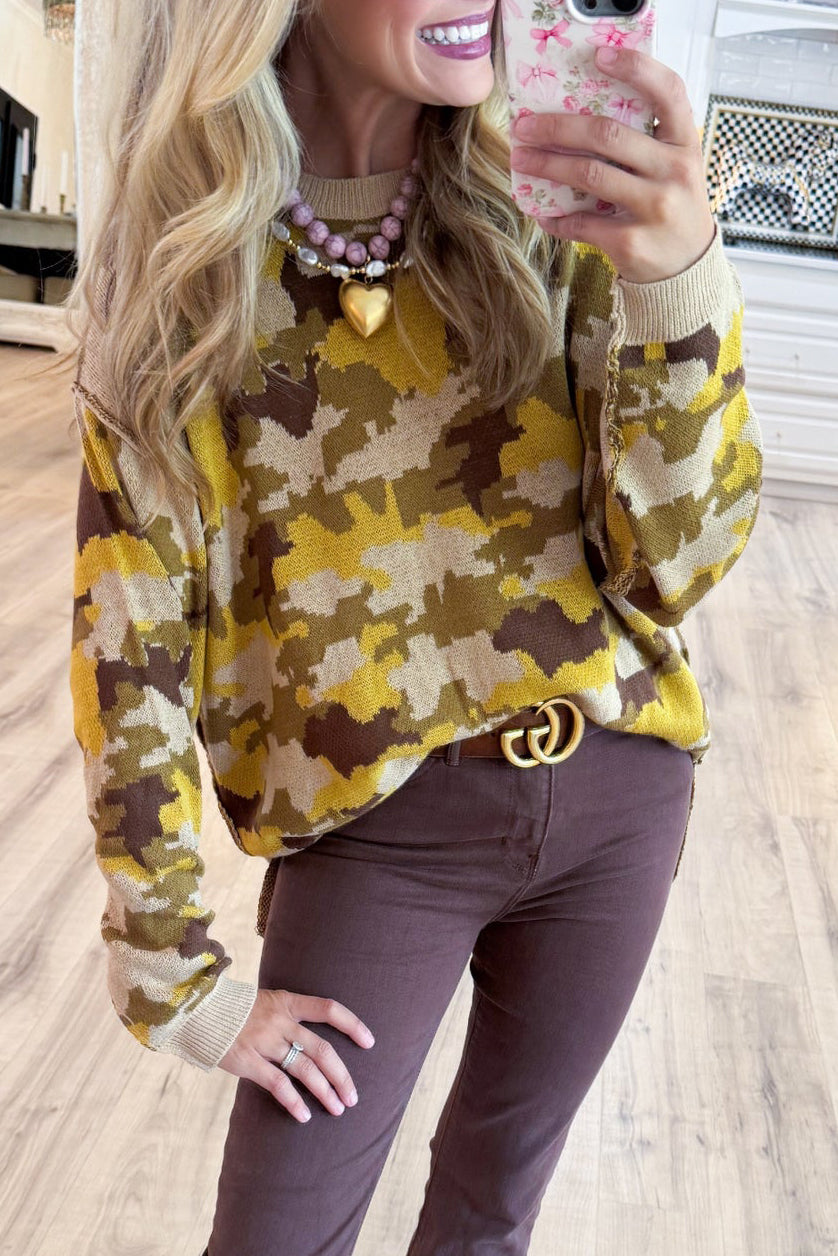 Olive Camouflage Knit Pattern Sweater