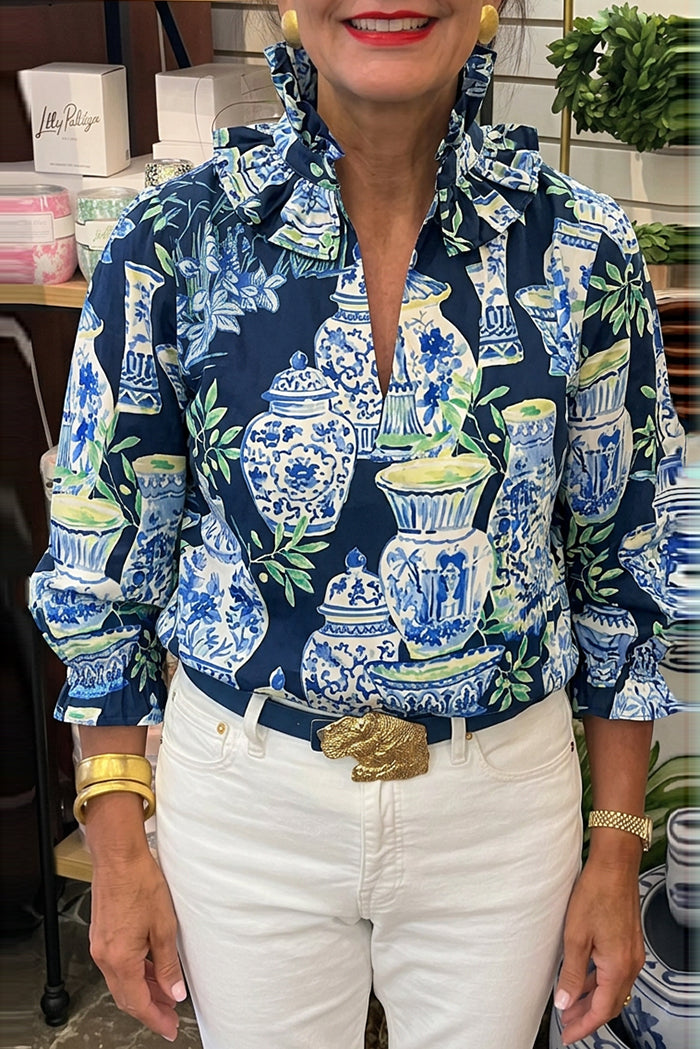 Chinoiserie Vase Print Ruffle Collar Top