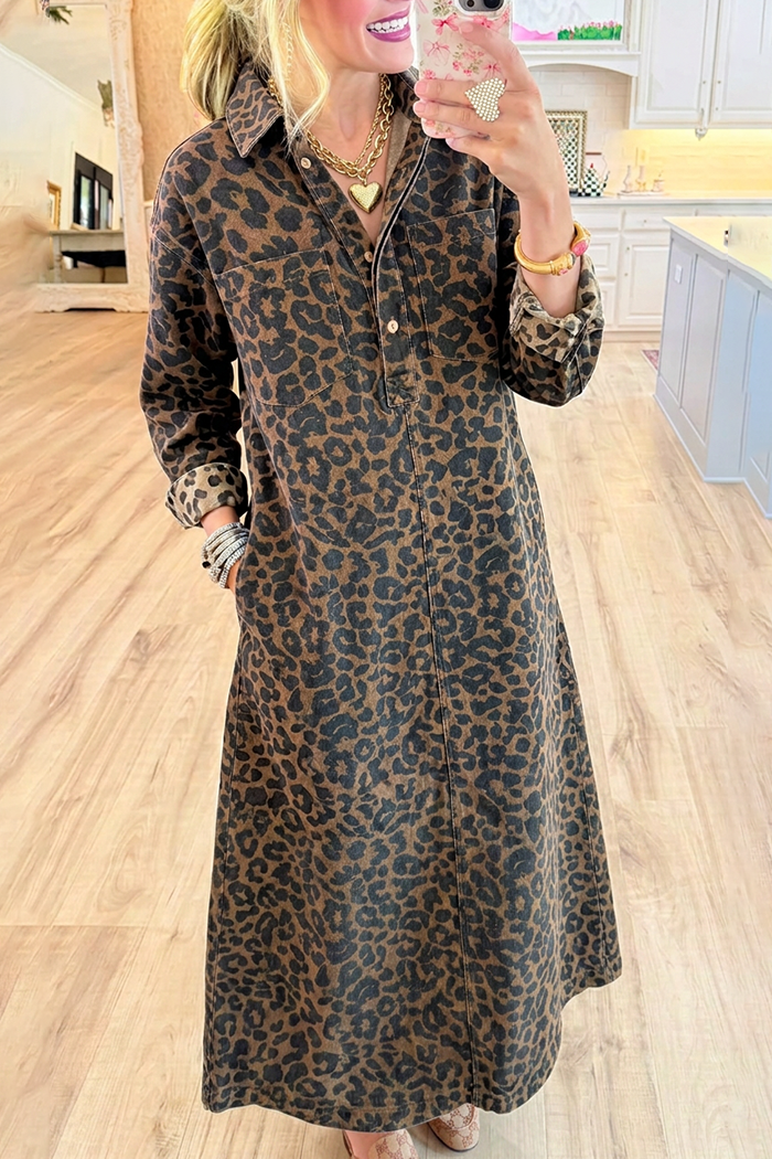 Denim Leopard Collared Pocket Shirt Dress