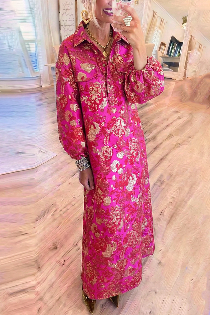 Fuchsia Pockets Metallic Jacquard Floral Long Sleeve Maxi Dress