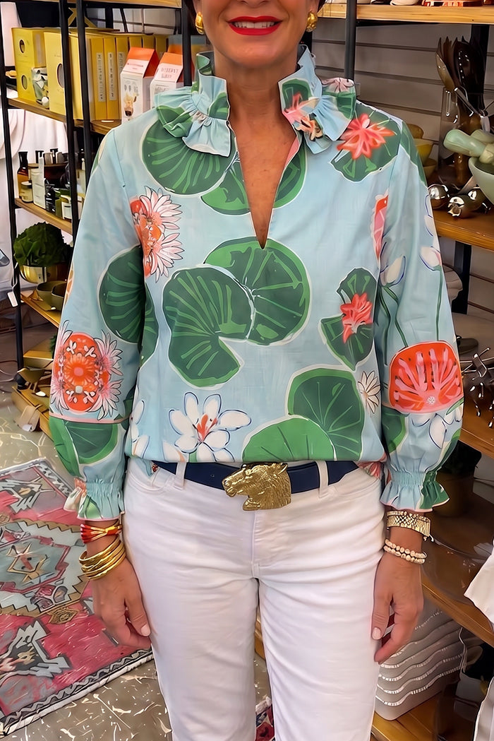 Lotus Floral Ruffle Collar Top