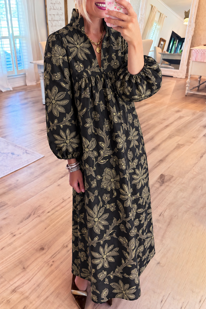 Stand Collar Gold Floral Long Sleeve Maxi Dress