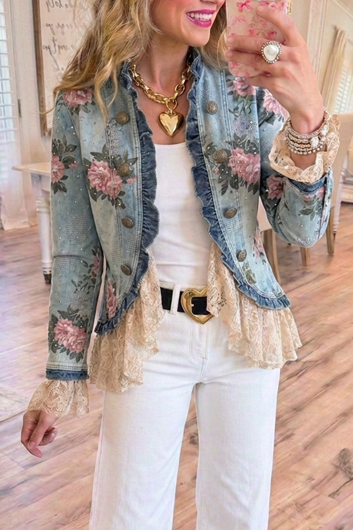 Vintage Denim Pink Floral Rhinestone Lace Ruffle Hem Cropped Jacket